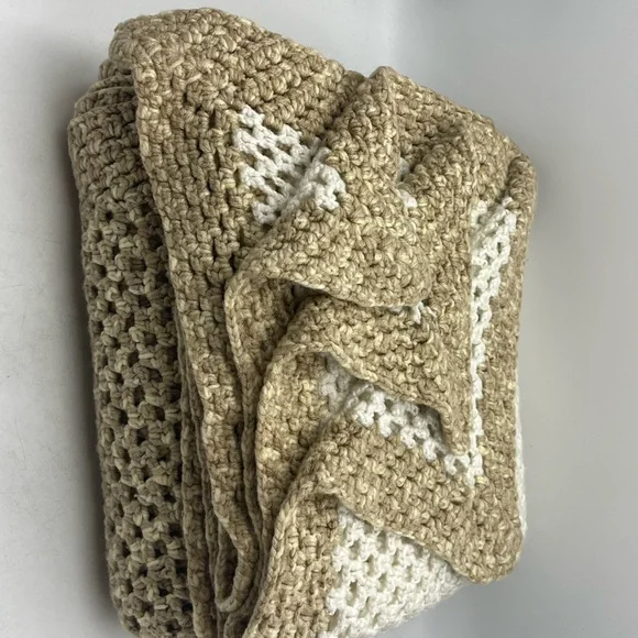 Handmade Double Crochet Cream & Tan Striped Knit Blanket (54” wide x 76” long)